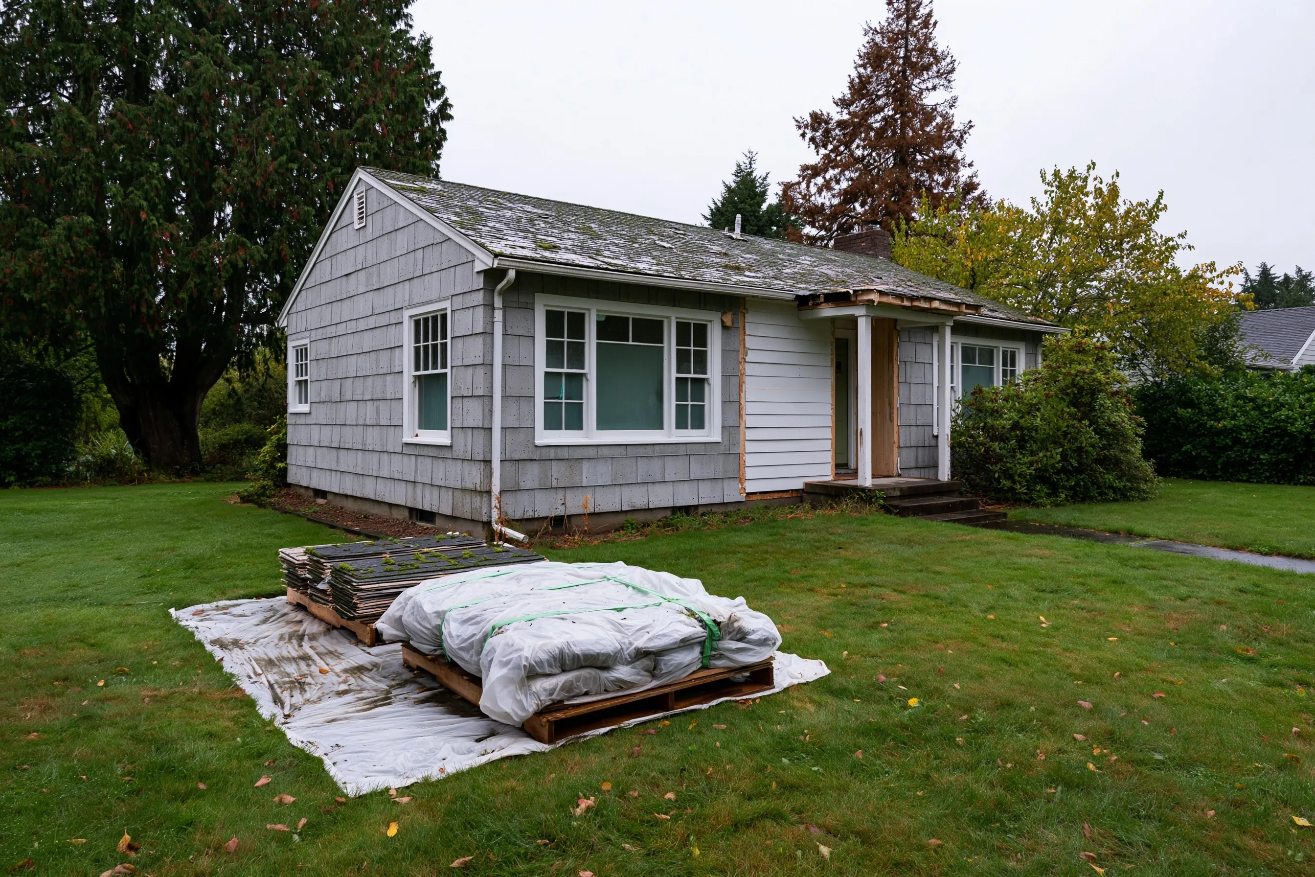 A one-story house with gray shingle siding, white wood lap siding showing on the front wall and a pallet of wrapped shingles on the lawn