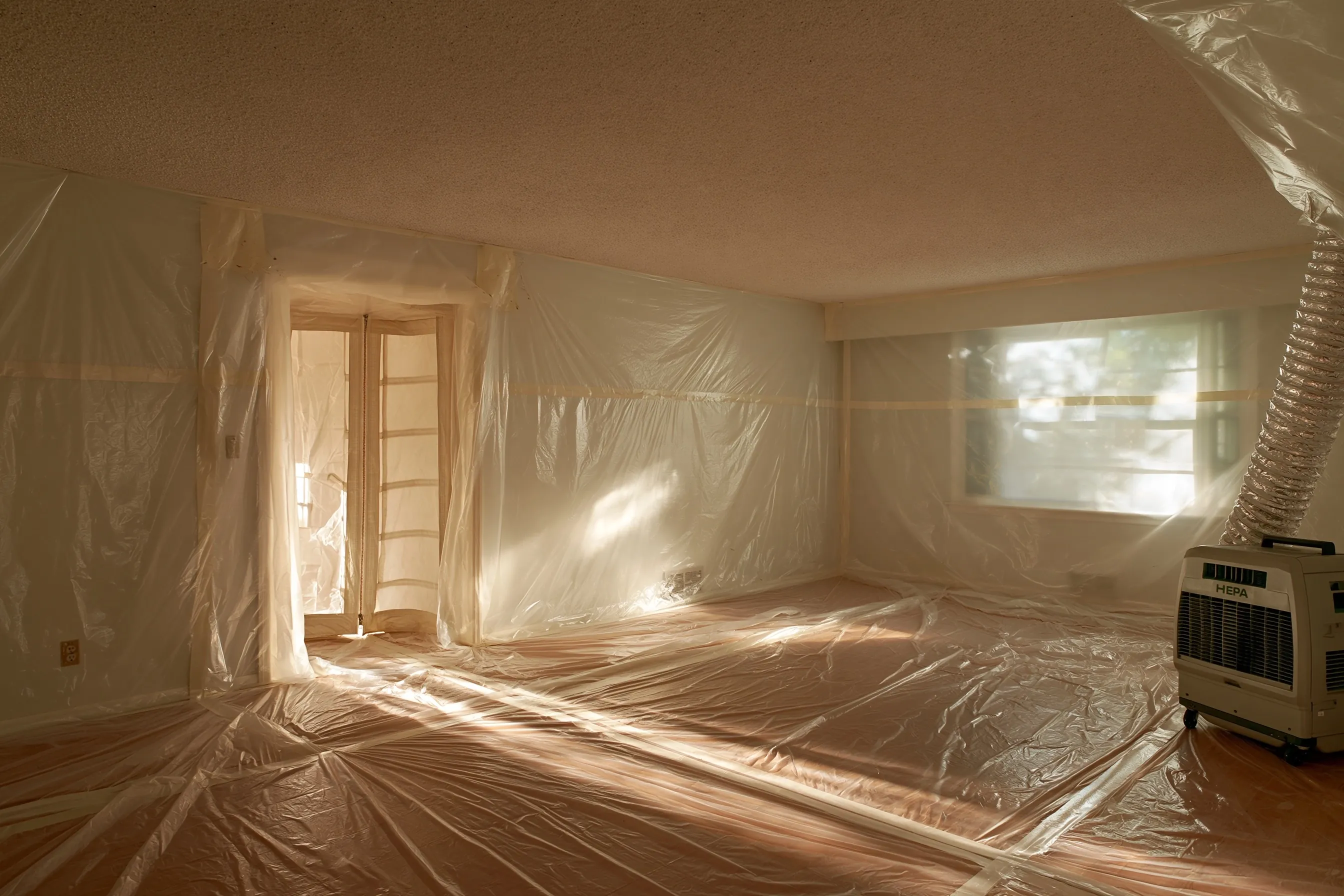 Textured ceiling in a living room sealed with plastic over the walls and floor, with an air unit and duct at the side